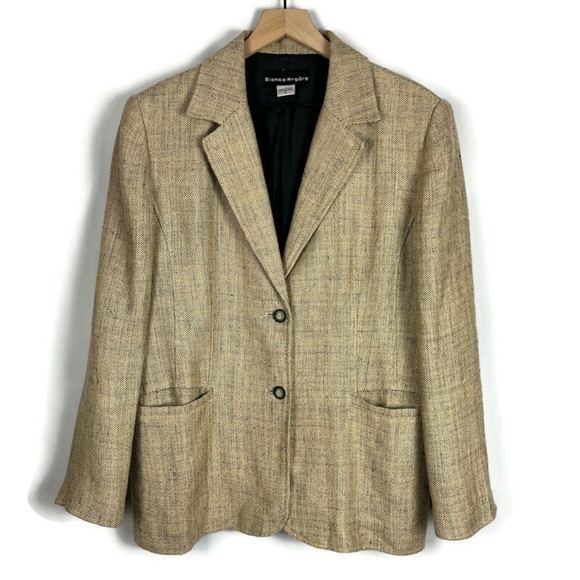 VTG Women's 100% Linen Black/Tan Weave Lined Blazer Jacket 14 Bianca Nygard - Picture 1 of 10